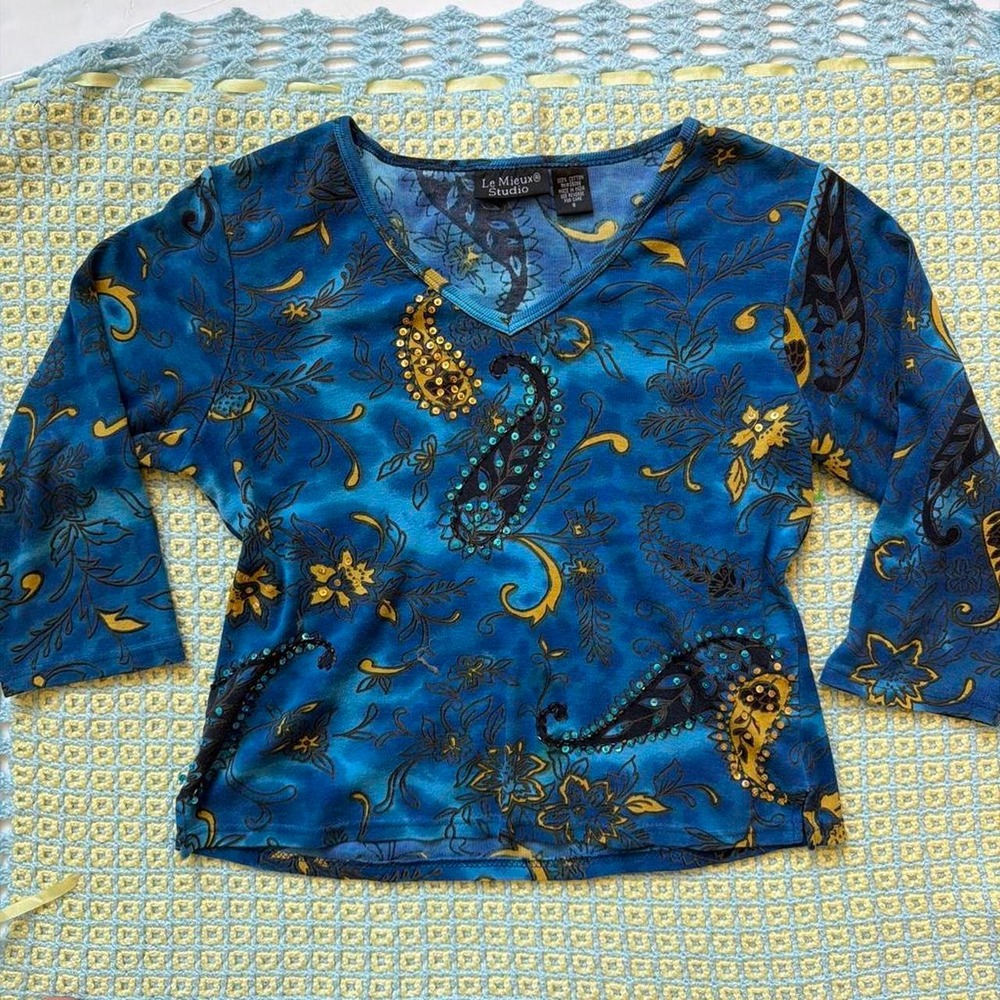 Le Mieux Studio Blue Gold Paisley Sequin Whimsygoth Cotton Top Small
